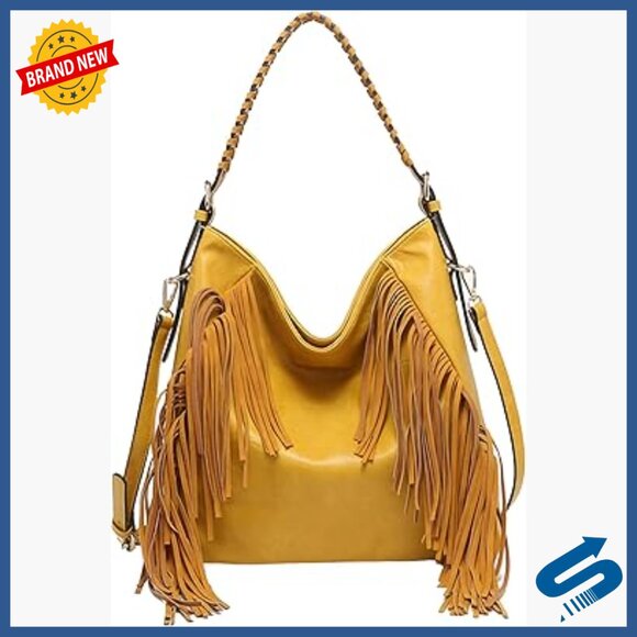 Handbags - Vegan Leather Hobo Crossbody Bag with Fringe Detail, Adjustable Strap